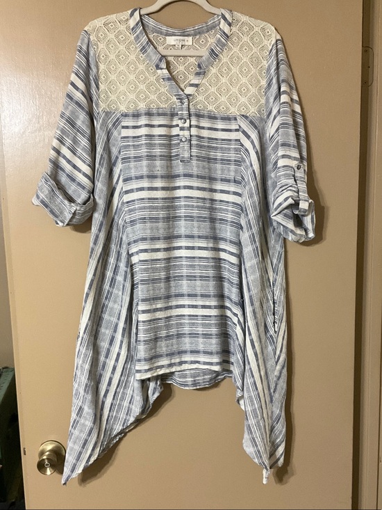 Umgee Tops - Umgee Blue and White Striped Tunic with Lace Yoke